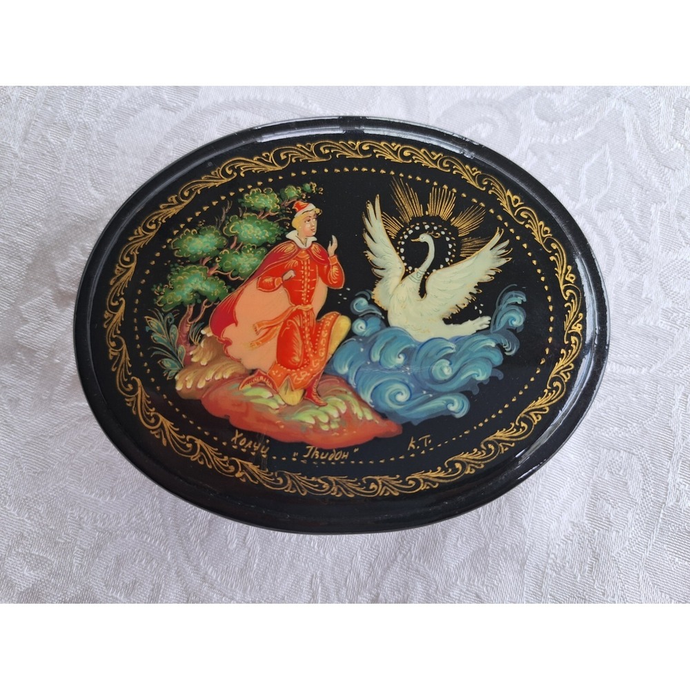 Palekh Russian Hand Painted Folklore Trinket Box Black Lacquer Signed